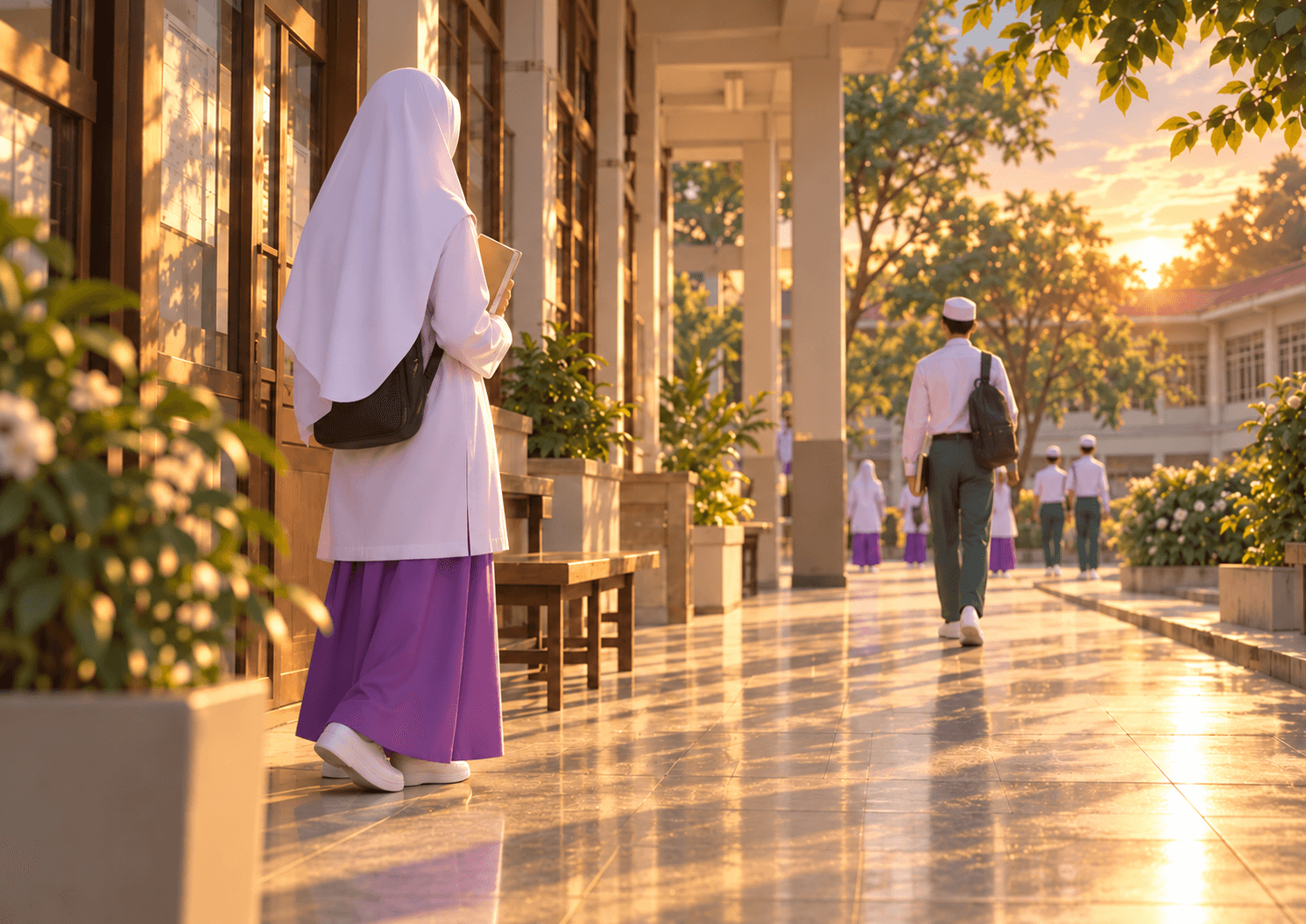 Seorang pelajar perempuan bertudung putih dan berkain ungu berjalan di sepanjang beranda yang diterangi cahaya matahari terbenam, dengan dua pelajar lain di hadapannya.