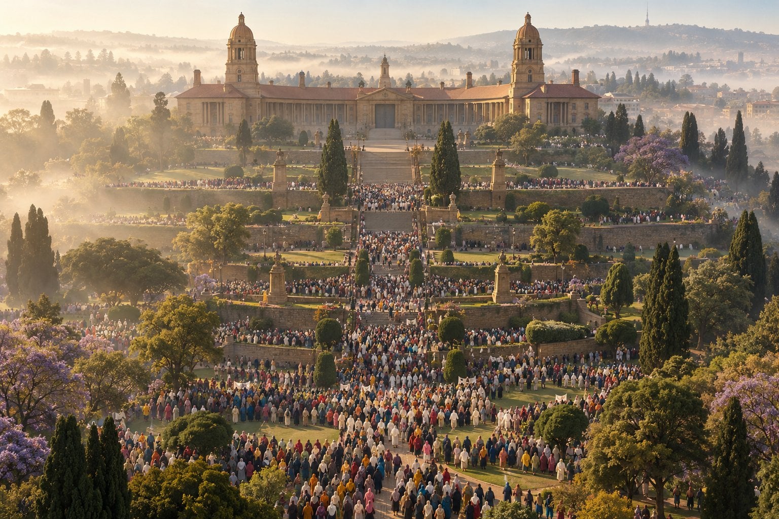 Pemandangan udara teres dan taman Union Buildings di Pretoria dipenuhi ribuan wanita berkain kepala berwarna terang sebagai titik-titik kecil, dalam kabus pagi, dengan bangunan batu kerajaan di puncak tangga.