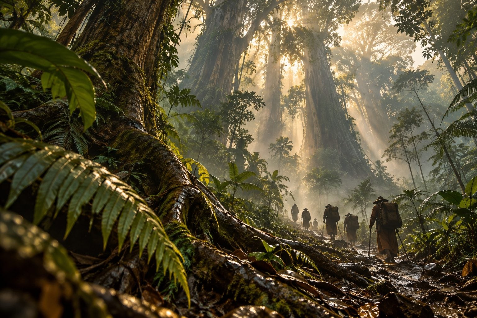 Pandangan mendongak dari dasar hutan hujan Aceh ke arah pokok raksasa dan berkas cahaya berkabus, dengan beberapa siluet kecil berselubung kain bergerak dalam barisan di denai berlumpur.