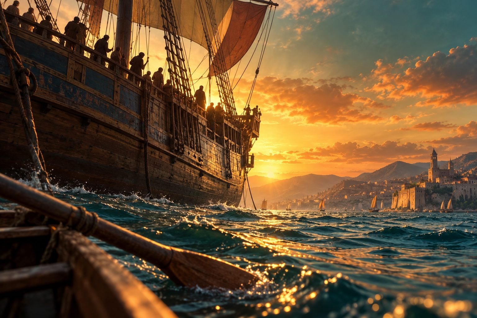 Sebuah perahu kecil di aras air memandang ke arah lambung kapal dagang abad ke-12 yang terkandas di Selat Messina pada senja, dengan siluet penumpang di dek dan garis pantai Sicily di kejauhan.