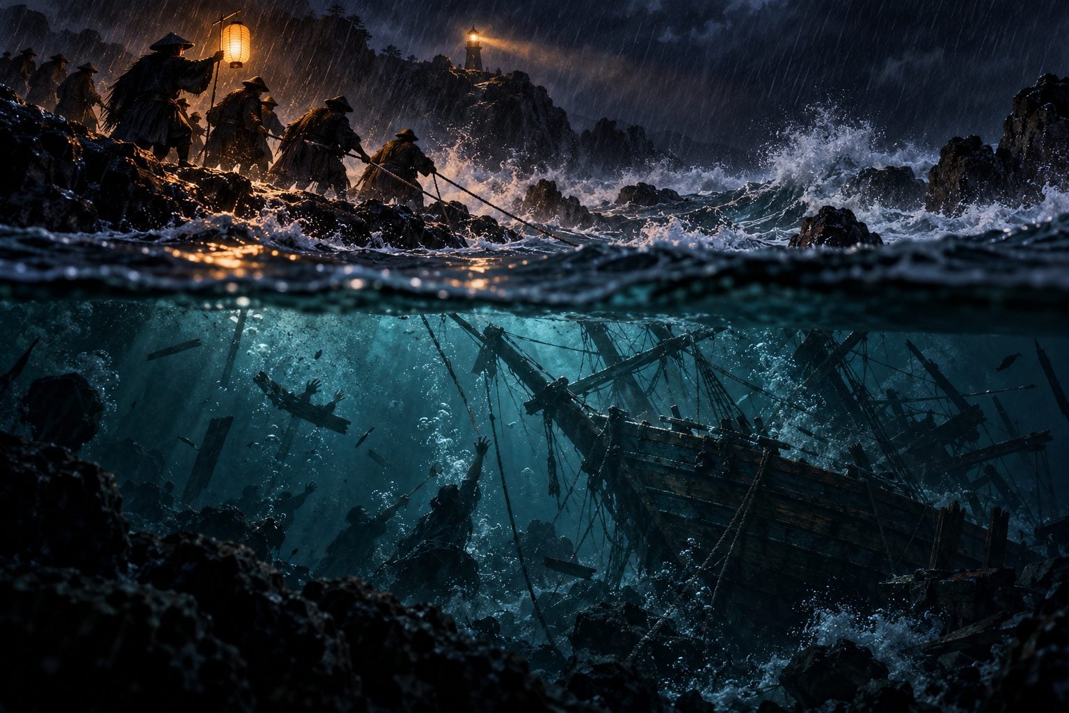 Pada malam ribut, penduduk pulau berdiri di tebing berbatu dengan pelita dan tali, sementara di bawah ombak terbaring rangka sebuah kapal kayu yang karam.