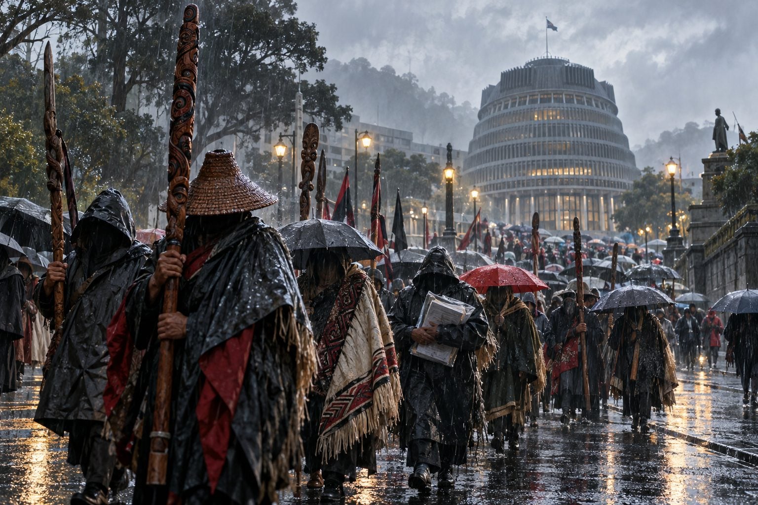 Perarakan panjang di jalan basah Wellington menuju bangunan Parlimen berbentuk silinder, peserta berpayung dan berhud hujan, dengan beberapa tongkat ukiran tinggi.
