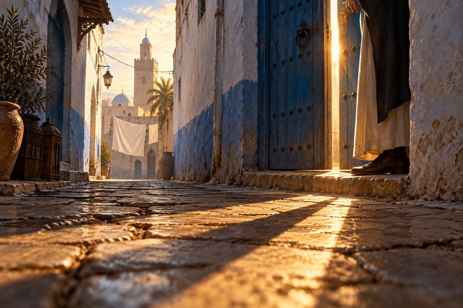 Pandangan rendah setinggi tanah ke sebuah lorong sempit medina di Tunis dengan dinding kapur putih, pintu kayu biru berpaku yang terbuka sedikit dengan cahaya emas pagi, dan sepasang kasut kulit serta bayang panjang seseorang di ambang.
