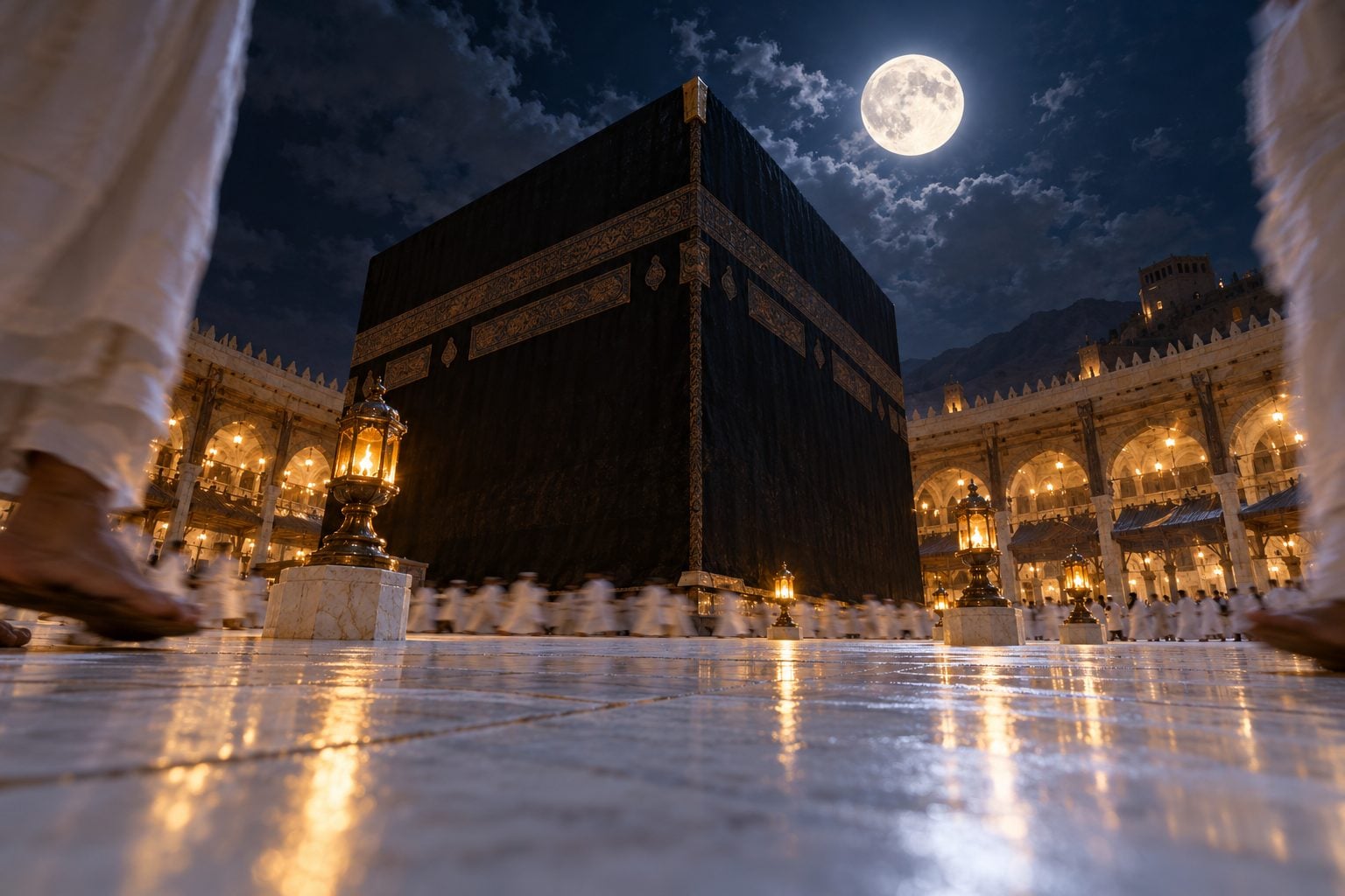 Kaabah berselubung kiswah hitam di bawah bulan purnama, dilihat dari aras lantai marmar Masjidilharam, dengan pelita minyak menyala dan barisan jemaah berpakaian putih bertawaf dalam kabur.