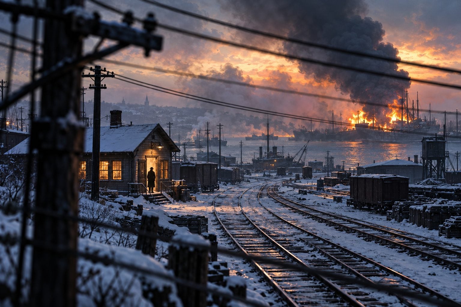 Landasan kereta api bersalji di Halifax pada pagi musim sejuk, dengan wayar telegraf di latar depan, sebuah pejabat kecil bercahaya dan asap hitam naik dari kapal yang terbakar di pelabuhan.