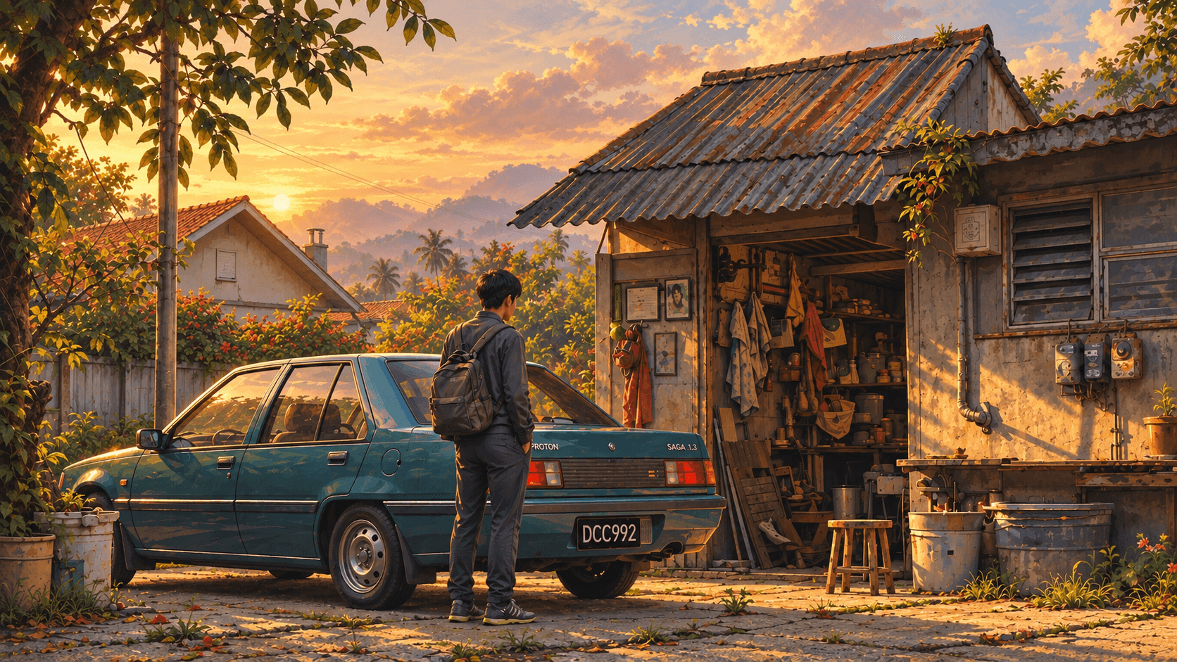 Roslan berdiri di sisi Proton Saga di depan bengkel kecilnya pada pagi hari selepas kereta itu gagal hidup.