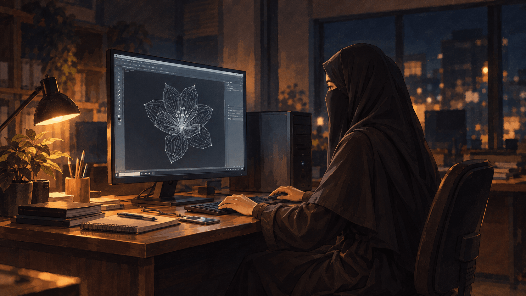 Seorang penyelidik berniqab memandang skrin yang memaparkan bunga digital.