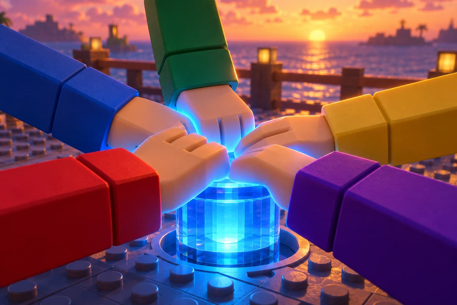 Lima tangan avatar berblok gaya Roblox, berlainan warna lengan, menekan bersama sebuah silinder kaca biru yang bercahaya di atas lantai jambatan ketika senja.