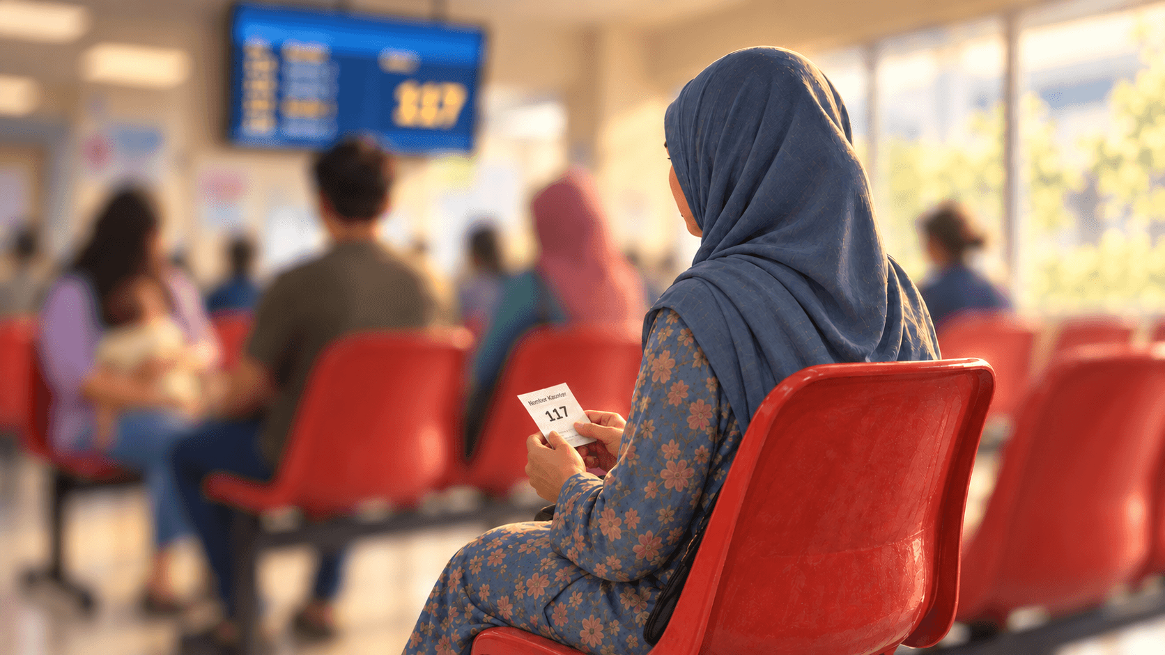 Seorang wanita Melayu berusia duduk di kerusi menunggu hospital sambil memegang nombor giliran; wajahnya tidak kelihatan jelas.