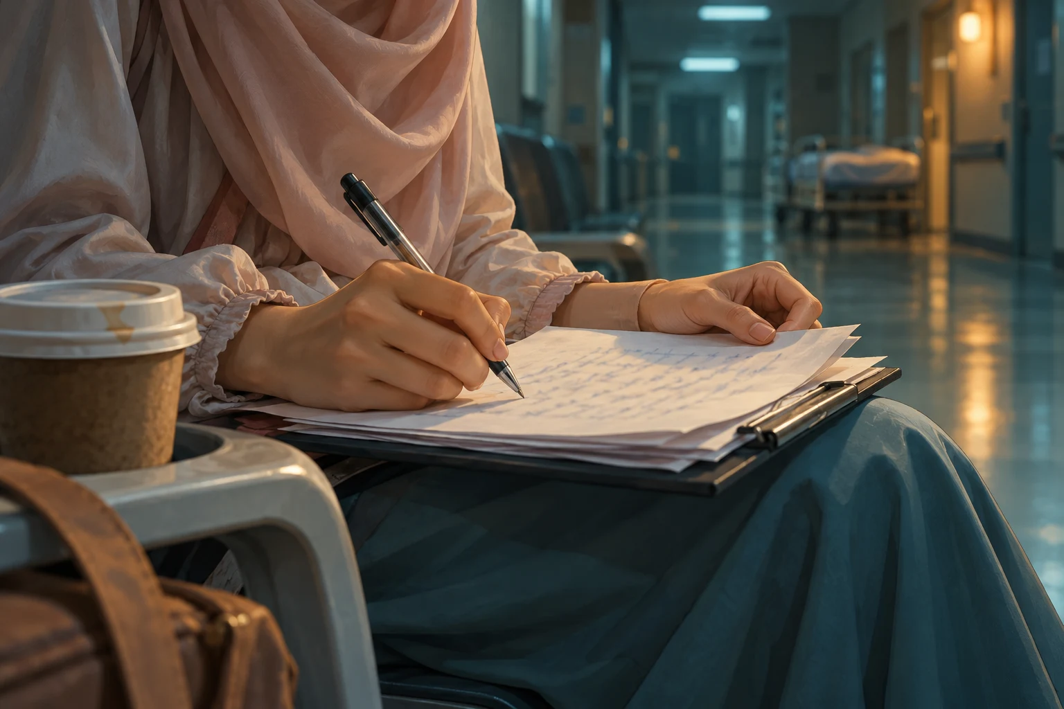 Tangan seorang wanita memegang pen di atas halaman surat bertulisan tangan di ruang menunggu hospital pada waktu malam, bersebelahan secawan kopi yang sudah sejuk.