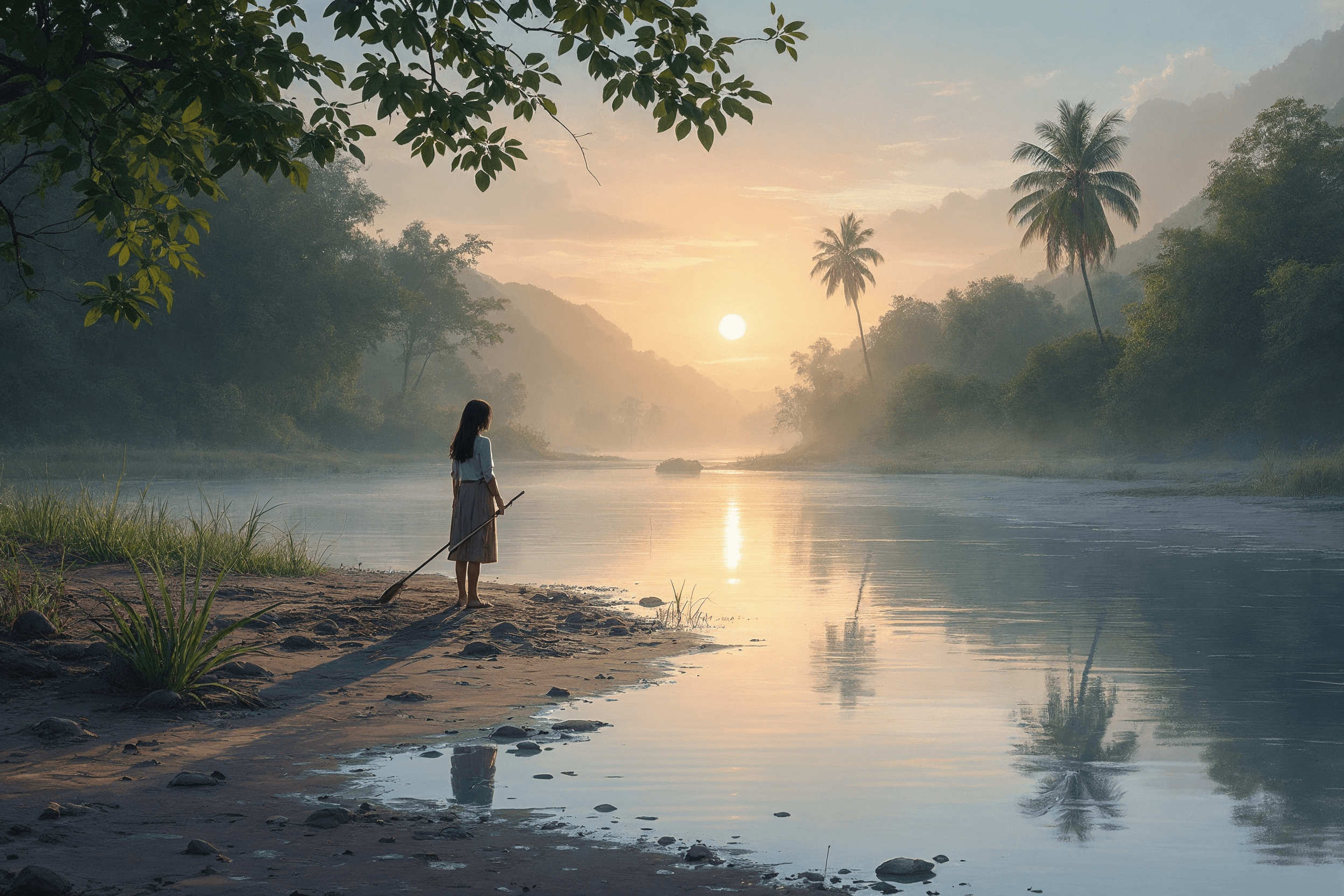 Seorang perempuan berdiri di tebing sungai berlumpur pada awal pagi sambil memegang sebatang galah, dilihat dari belakang.